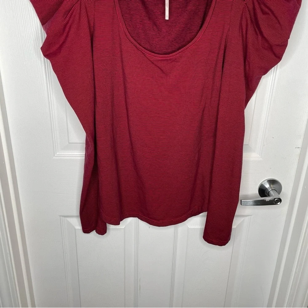 Free People Penelope Dramatic Puff Sleeve Stretch Knit Top in Red Combo Stripe L